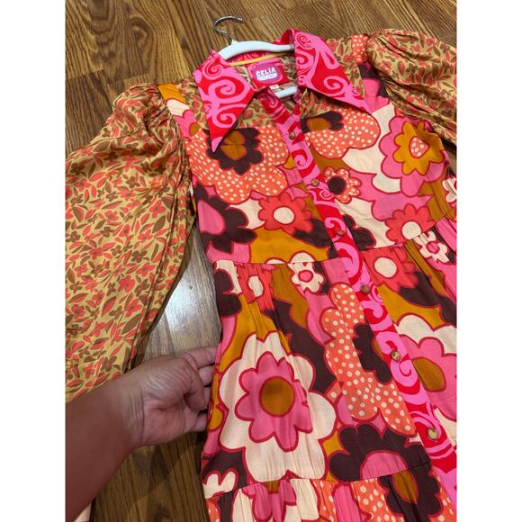 CELIAB retro Satin Monte Rosa Floral Button-Front Tiered Midi Sun Dress XS - Picture 11 of 12